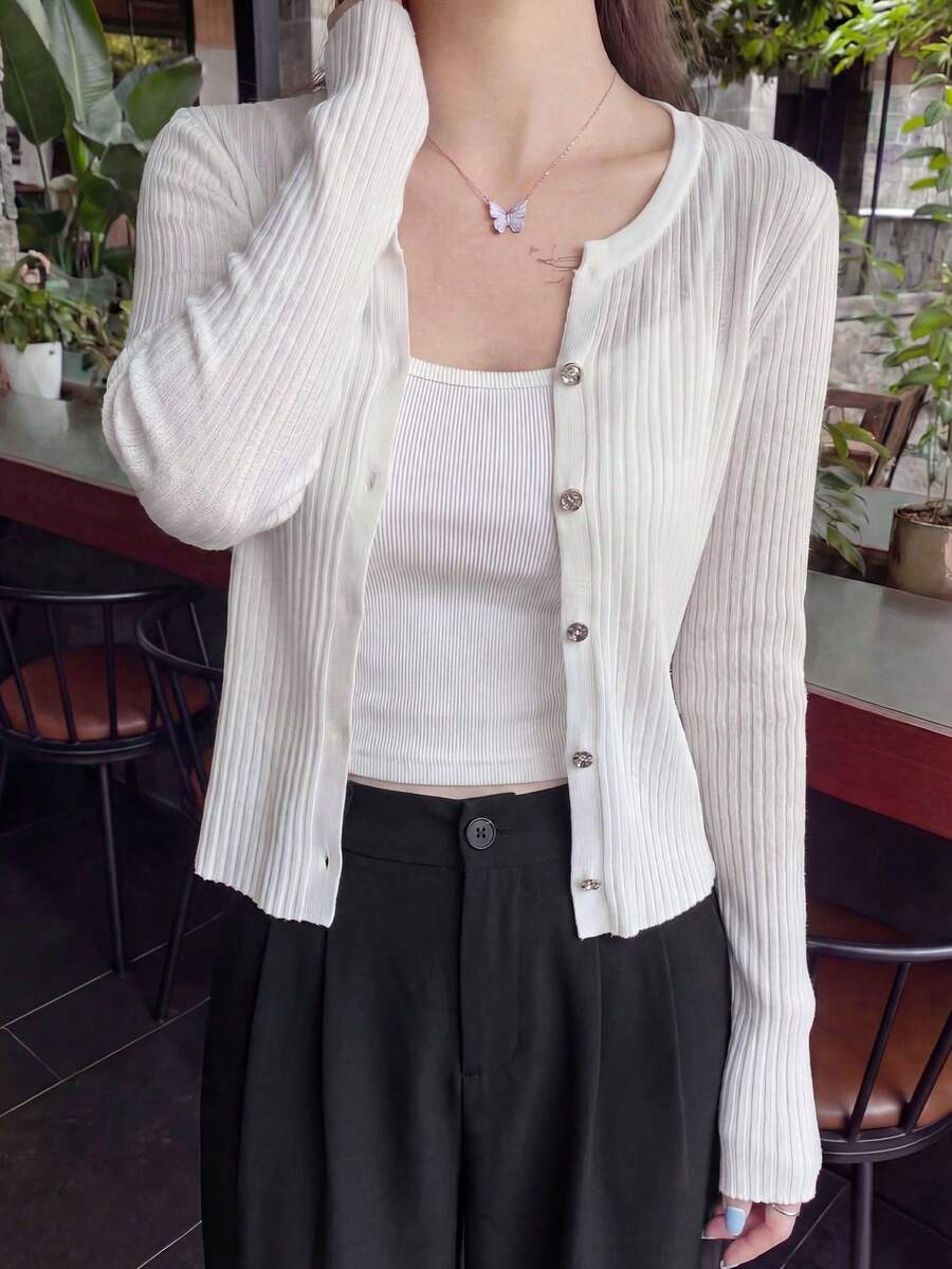 Cárdigan de punto con cuello en V, versátil y ligero, para mujer. Nuevo top de primavera/verano con ajuste delgado, estiloso y casual para capas - Blanco - Ver 1