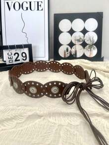 1pc Patchwork Bohemian PU Leather Vintage Hollow Round Waist Belt, Punk Cowgirl Style For Women, Distressed Rivet Accent Versatile For Skirt & Pants Summer, School Fall, Autumn, Halloween - Rỉ Nâu - Xem 4