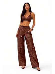 Women's Leather Cargo Set: Cropped Top, V-Neck Top, Wide Leg Premium Pants - 鏽棕色 - 查看 2