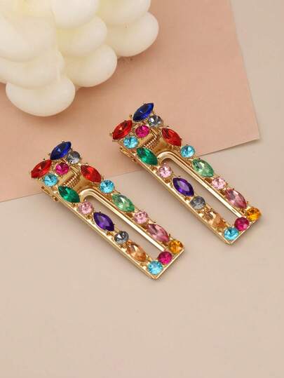 Conjunto de 2 presilhas de cabelo modernas e elegantes decoradas com strass coloridos.