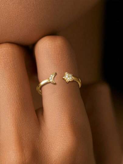 1枚S925纯银星月可调节开口戒指，浪漫优雅设计，简约清新时尚个性高端质感，日常佩戴或送给她的完美礼物