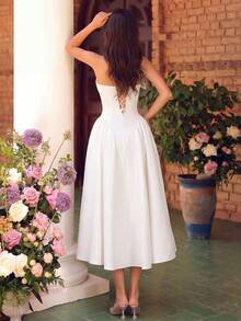 优雅手工串珠露肩高腰A字露背系带长款派对礼服，适合舞会、生日派对、盛大晚宴、约会、返校节、婚礼宾客、鸡尾酒会、家庭聚会等场合。 - 白色 - 查看 3