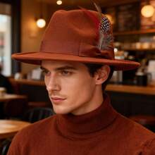 JEWELRYWE Elegant Wide-Brimmed Felt Hats For Men And Women: Soft Felt Hats With Feather Embellishments, Elegant Flat-Brimmed Fedoras - Suitable For Both Casual And Formal - Burgundy - View 5