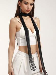 1pc Fashionable & Versatile Women Scarf With Ribbons - Pure Black - View 3