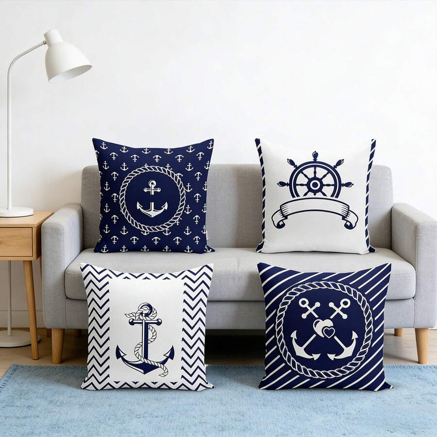 4pcs Anchor Pattern Ocean Throw Pillow Covers - Rope Core Sofa Bed Decor, Anchor Style Cushion Covers, Single-Sided Plush Printed Pillow Shams, No Pillow Insert - 4 Anchors - View 1