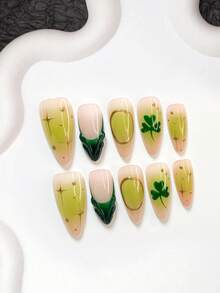 10pcs Spring Clover Style Handmade Nail Art Set, Including Gel Nail Kit, Clover Decor, Golden Glitter, Green Nail Polish, Fresh Lucky Style, With Nail Tools (1 Jelly Sticker + 1 Nail File), 3 Size Options Suitable For Almond, Duck Mouth, Coffin Nails, Applicable For Party, Daily, Party, Photography, Spring/Summer Commute - Multicolor - View 19