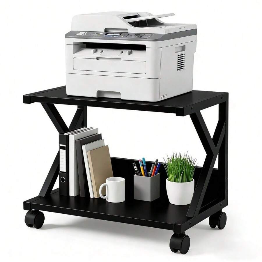 Modern Desktop Printer Stand 2 Tier Desk Organizer Multi-Purpose Computer Monitor Riser With Storage Shelves Wood Printer Stand For Home Office Fax Machine Scanner Books - Black - View 1