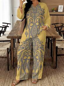 This Women's 2-Piece Set With All-Over Blue Paisley Print On Yellow Base, Daily Casual, Polyester Fabric, Lightweight And Breathable, Women's Set, Summer, Women's Fashion Set - 彩色 - 查看 1