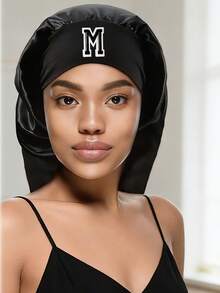 1pc Women's Black Satin Customized Letter Hair Care Cap, Elegant Design For Hair Protection, Dust-Proof, Soft & Comfortable For Daily Home, Sleep, Holidays, Valentine's Day - Black - View 2