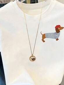 Women's Casual Crew-Neck Short-Sleeved T-Shirt, With Bohemian Cartoon Sausage Dog Print, Regular Fit, Stretch Fabric, Suitable For Summer And Vacations White - White - View 4