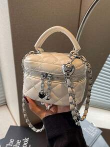 New Fashion Classic Multifunctional Waterproof PU Material, Diamond Quilted Pattern Handbag, Lightweight And Easy To Carry, Zipper Closure Design, Heart-Shaped Zipper Decor Crossbody Round Box Bag, Coin Purse, Suitable For Shopping, Travel, Commuting - White - View 2