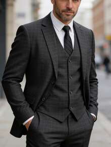 3 Piece Men's Grey Plaid Suits Set Blazer Pants Vest Business Style Slim Fit Suitable For Formal Events Parties Size XS-XXXL Fall Winter Gift Clothes Suits For Men - 灰色 - 查看 1