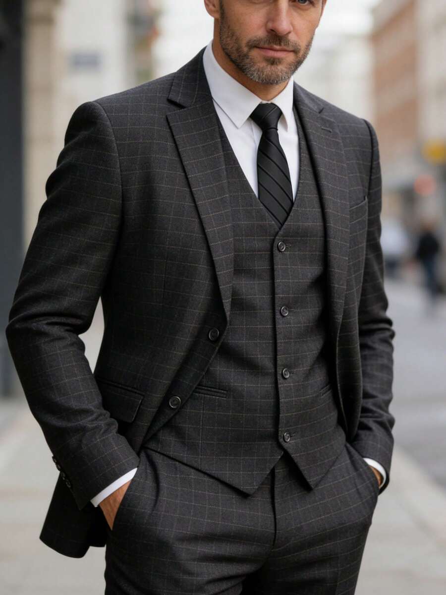 3 Piece Men's Grey Plaid Suits Set Blazer Pants Vest Business Style Slim Fit Suitable For Formal Events Parties Size XS-XXXL Fall Winter Gift Clothes Suits For Men - 灰色 - 查看 1