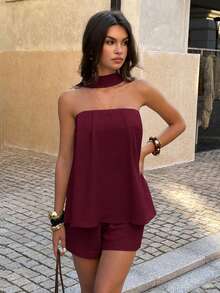 PoPoHouse Women's Summer Solid Color 2-Piece Set Casual Y2K Cute Tube Top + Wide Leg Shorts Outfit, Suitable For Vacation Beach, Daily Wear, Commute Office - Burgundy - View 11