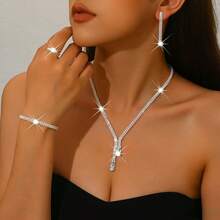 Bộ trang sức cưới kim cương trắng, bộ trang sức pha lê kiểu Âu và Mỹ, phụ kiện trang phục dự tiệc. - Bạc - Xem 3