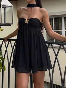 Live To Mo 夏季女士连衣裙 性感露背无肩带黑色连衣裙 适合度假、约会派对和日常穿着 优雅 - 黑色 - 查看 3