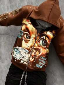 Street Life Spring/Summer Casual Graphic Men'S Street Angel Slogan Print Hoodie - 咖啡棕 - 查看 3