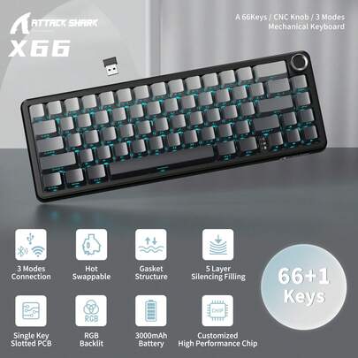 ATTACK SHARK X66 Wireless Mechanical Gaming Keyboard With Knob,Tri Mode USB-C/BT5.0/2.4G Gasket Mounted 60% RGB Gaming Keyboard, Side Printed PBT Keycap,Hot Swappable