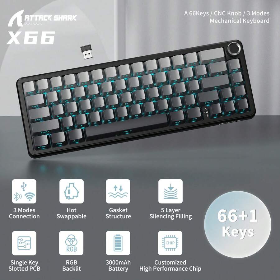 ATTACK SHARK X66 Wireless Mechanical Gaming Keyboard With Knob,Tri Mode USB-C/BT5.0/2.4G Gasket Mounted 60% RGB Gaming Keyboard, Side Printed PBT Keycap,Hot Swappable - View 1