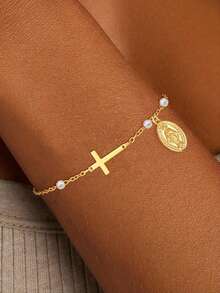 1 chiếc vòng tay dây chuyền hình thánh giá Đức Mẹ Maria dành cho nữ, mặt dây chuyền hạt ngọc trai giả mạ vàng, quà tặng Cơ Đốc giáo, quà tặng về đức tin, quà tặng hình thánh giá, quà tặng tình bạn. - Vàng - Xem 10