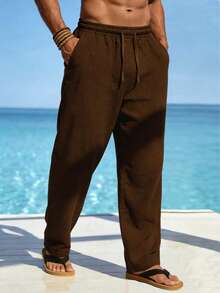 Pantalones de lino sueltos con cordón y bolsillo, unicolor, casuales, cómodos para primavera, verano, otoño e invierno - Café integral - Ver 3
