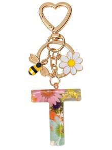 1pc Initial Letter Cute Bee & Flower Keychain, Heart Shaped Daisy Keyring Accessory, Decoration For Women Handbag Gift - Color - View 23