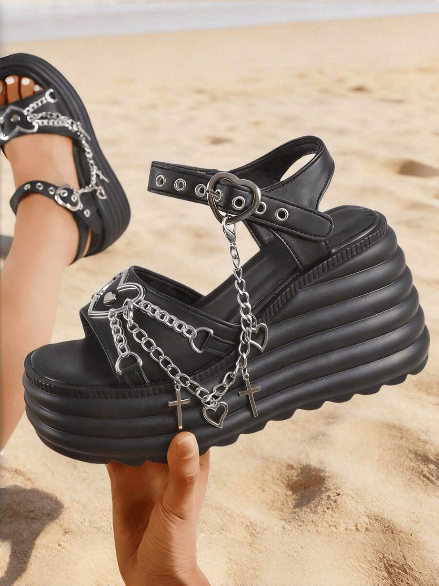 New Black Summer Slope Heel Shoes For Woman Thick Bottom Women's Punk Fashion Sandals For Women Casual Slippers Comfortable Shoes Women's Gothic Style Cross Chain Detail Platform Sandals Summer Shoes - màu đen - Xem 1