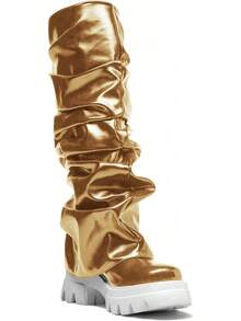 Women's Platform Round Toe Mid Calf Boots With Chunky Heel - Gold - View 3