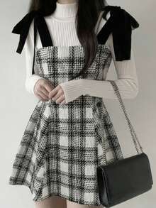 Đầm ngắn hai dây thắt nơ kẻ caro thời trang nữ, mùa xuân/hè - Đen và trắng - Xem 5