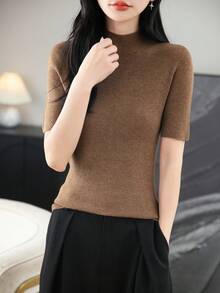 2026春夏女士美利奴羊毛混纺毛衣，休闲百搭，保暖柔软圆领长袖针织套头衫 - 棕色 - 查看 6