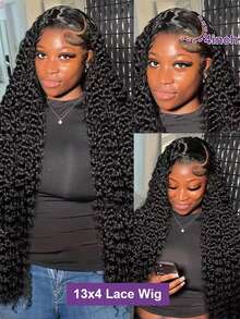 30-34英寸深波浪13x6蕾丝前真人发假发，180密度5x5无胶假发，巴西水波纹13x4蕾丝前假发 - Natural Black - 查看 5