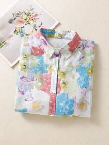 Women's Floral Print Loose Turndown Collar Button Shirt, Elegant Casual Short Sleeve Blouse, Suitable For Spring/Summer Office And Daily Wear Vacation - Green + Blue - View 3