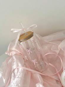 1 Bộ/Cốc cà phê đá có nơ trang nhã, cốc nước miệng rộng dùng tại nhà, cốc trà xanh có ống hút, bộ đồ uống bằng thủy tinh có ống hút thanh lịch, cốc thủy tinh có ống hút nữ tính - Nhiều màu - Xem 3