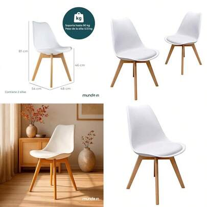 MUNDO IN MUEBLES Juego de 2 Sillas Eames Acojinadas Frankfurt Sillas Elegantes y Modernas para Comedor Oficina Escritorio Recámara Sala o Cocina Color Blanco 9865685