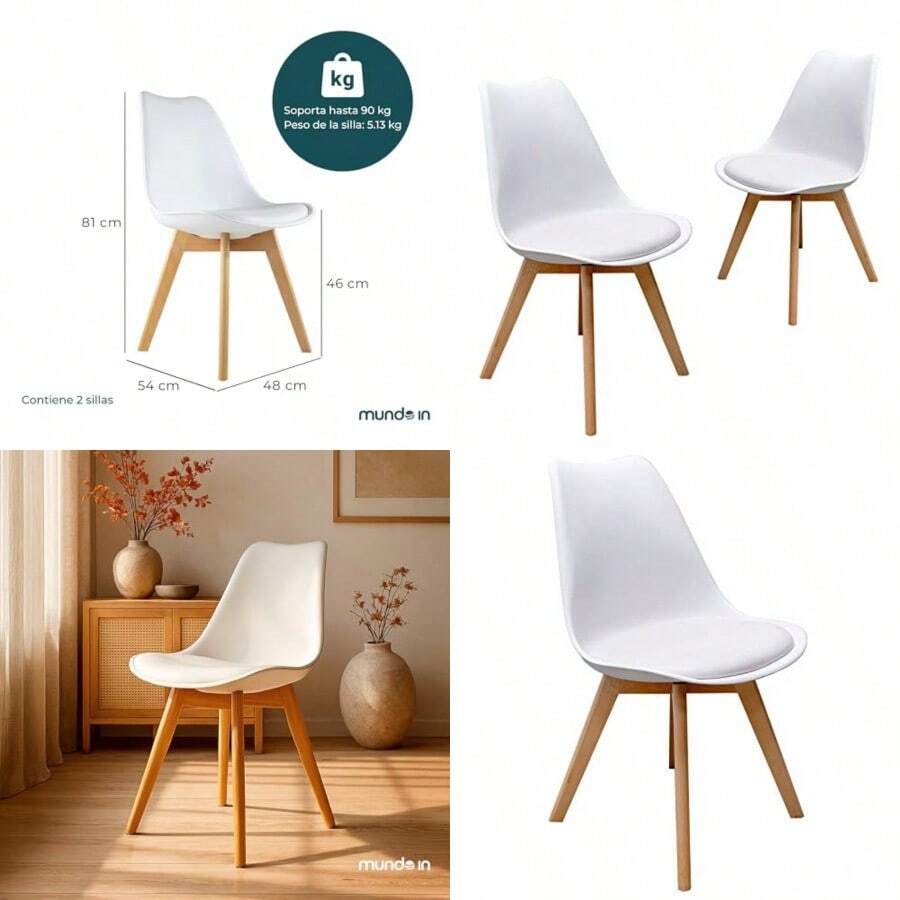 MUNDO IN MUEBLES Juego de 2 Sillas Eames Acojinadas Frankfurt Sillas Elegantes y Modernas para Comedor Oficina Escritorio Recámara Sala o Cocina Color Blanco 9865685 - Blanco Mate - Ver 1