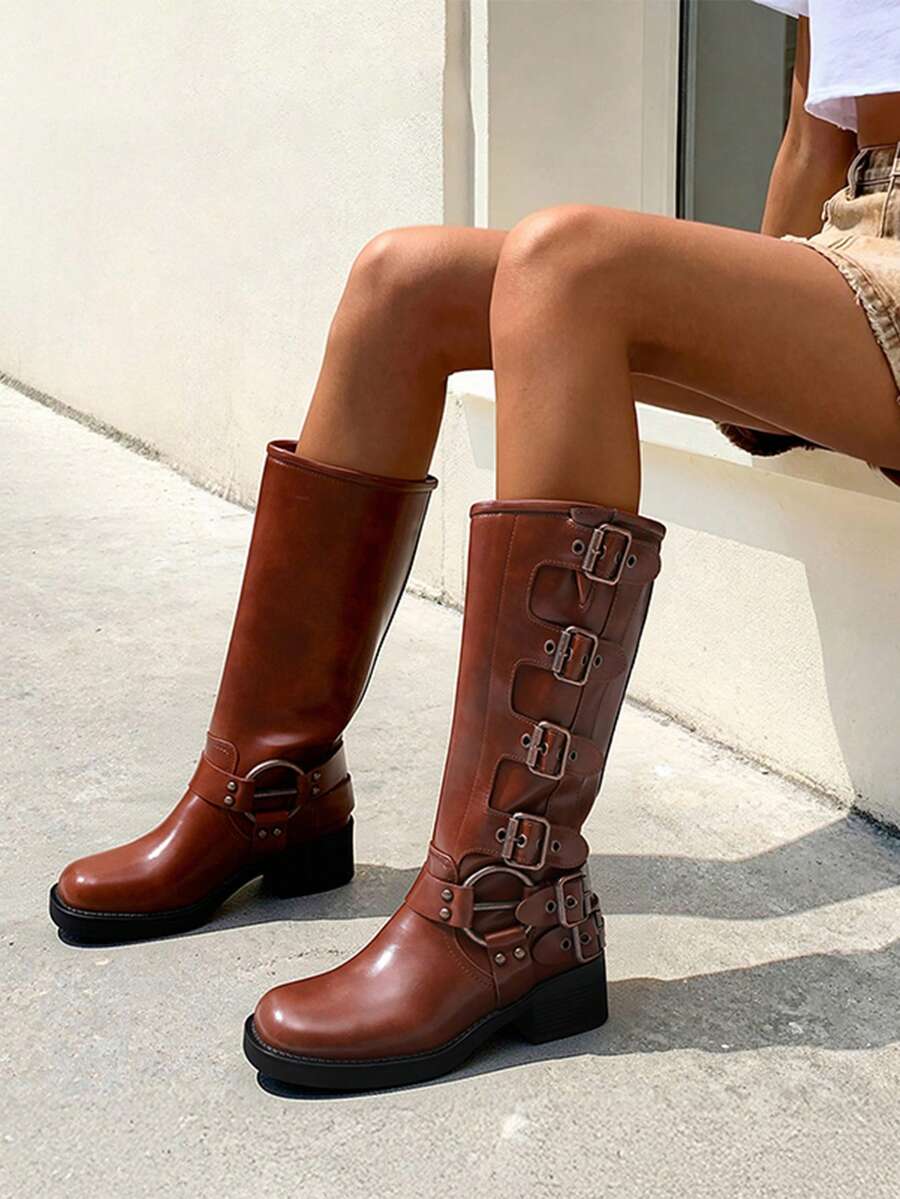 Women's Slip On Knee High Boots Square Toe Chunky Heel Classic Vintage Metallic Buckles Motorcycle Riding Boots - Màu nâu Sô-cô-la - Xem 1
