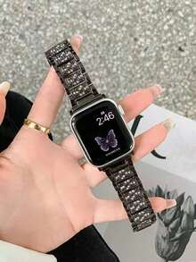 1条镶钻不锈钢金属表带，男女通用，闪亮时尚黑色金属手链，兼容 38mm 40mm 41mm 42mm 45mm 46mm 49mm，Series 10/9/8/7/6/5/4/3/2/1/SE/Ultra，可调节表带 - 黑色 - 查看 6