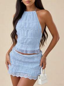 Women Y2k Mini Skirt Sets Backless Tie Up Crop Halter Top And Smocked Lace Mini Skirt 2 Piece Beach Outfit - Màu xanh lam - Xem 1