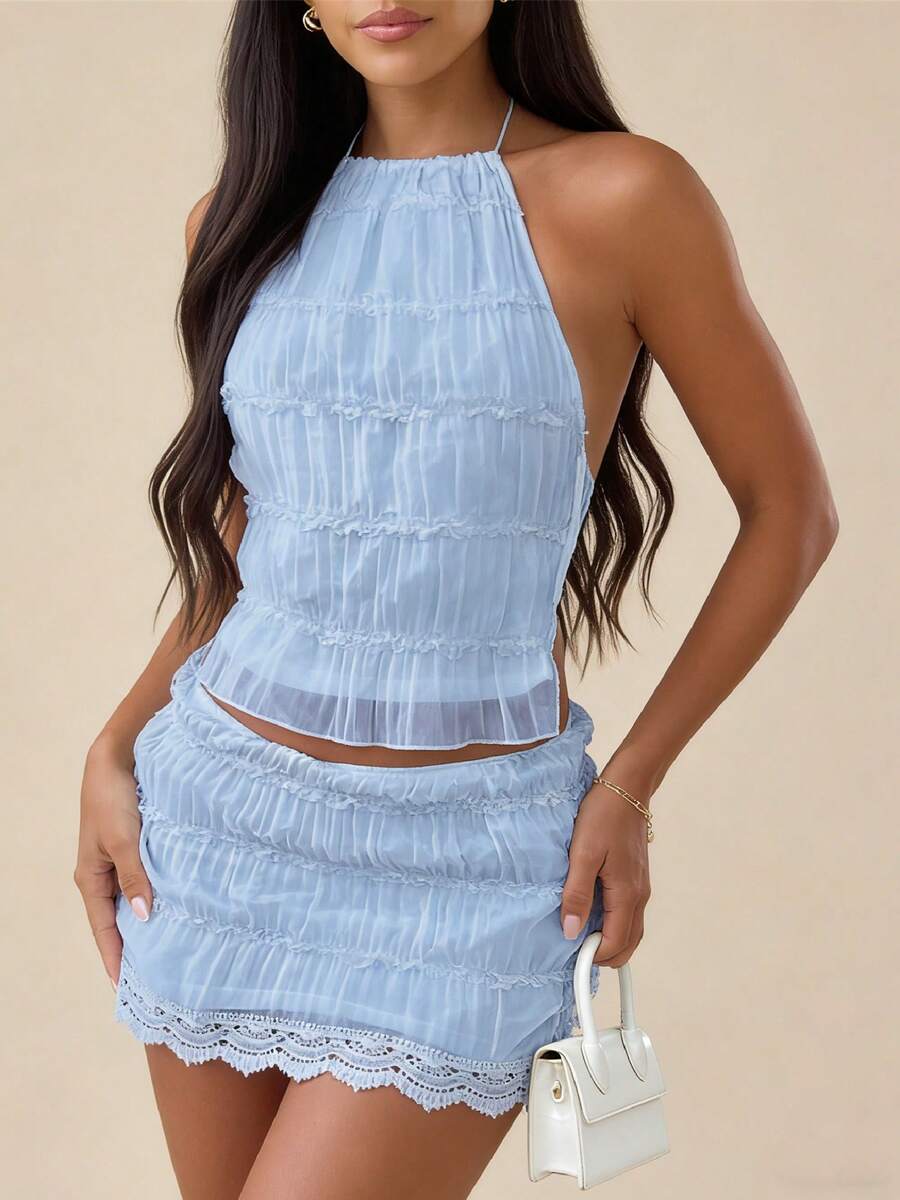 Women Y2k Mini Skirt Sets Backless Tie Up Crop Halter Top And Smocked Lace Mini Skirt 2 Piece Beach Outfit - Màu xanh lam - Xem 1