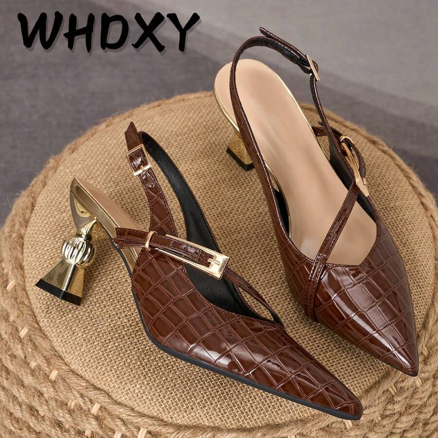 WHDXY 高級棕色尖頭高跟鞋，金屬後扣帶，獨特不對稱鞋跟，適合辦公通勤與晚宴派對穿著 - 棕色 - 查看 1