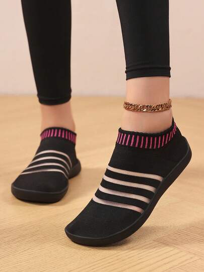 Giày lười nữ dáng rộng, thoáng khí, nhẹ, chất liệu dệt kim, mũi tròn, đế dày, giúp tăng chiều cao, giày thể thao màu đen, thoải mái cho đi bộ hàng ngày, đi làm, du lịch, mùa xuân/hè.