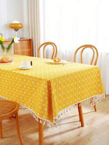 MineLain 1pc Bohemian Yellow Geometric Tablecloth, Rectangular Tablecloth With Beige Tassel Decor, Washable, Suitable For Coffee Table, Bedside Cabinet, Dining Table Decoration, Home Decor, Dining, Gathering, Party And Holiday Events, Daily Home Decor, Spring/Summer - Yellow - View 18