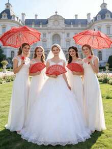 2pcs Lace Umbrella And Lace Plastic Fan Wedding Accessories Decoration Set, European Style Bridal Umbrella, Outdoor Wedding Decor Umbrella And Fan Set, Best Gift, Wedding Photography Props, White Bridal Fan And Folding Fan Suitable For Wedding And Dance Performance, Large Handheld Fan For Bachelorette Party And Wedding Decor,Summer,Beach,Festival,Elegant - Multicolor - View 6