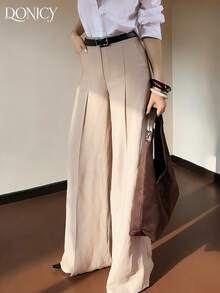 DONICY 女士春夏新款下装，杏色纯色高腰口袋直筒阔腿裤，时尚复古优雅简约百搭套装裤，适合日常休闲、办公通勤、约会、购物、展览等场合。 - 杏色 - 查看 6