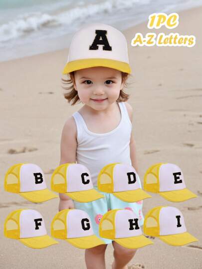1顶儿童26字母印花网眼帽，黄色帽子，男女通用棒球遮阳帽，适合户外活动和日常佩戴，防晒