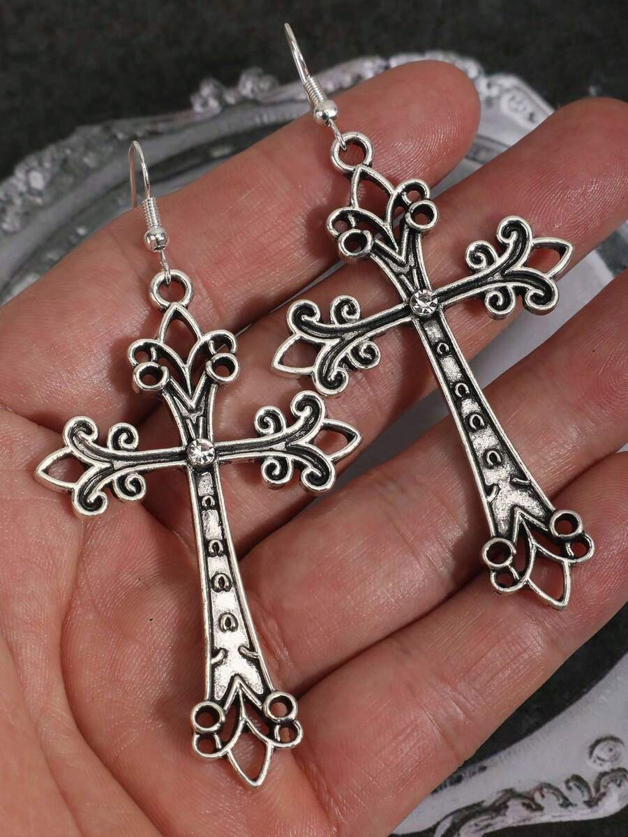 1 Đôi bông tai hình thánh giá phong cách Gothic cổ điển - Bạc - Xem 1