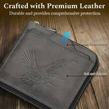 Men's Faux Leather Zipper Wallet, Vintage Embossed Eagle RFID Blocking Card Holder With External Quick Access Slot, Large Capacity Multi-Slot Short Wallet For Business Casual Daily Use - A - View 5