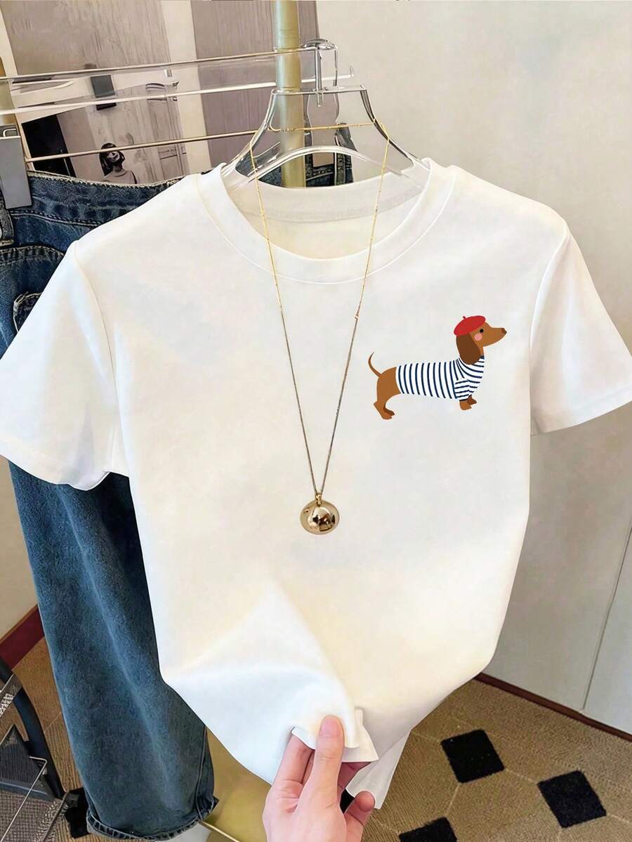 Women's Casual Crew-Neck Short-Sleeved T-Shirt, With Bohemian Cartoon Sausage Dog Print, Regular Fit, Stretch Fabric, Suitable For Summer And Vacations White - White - View 1