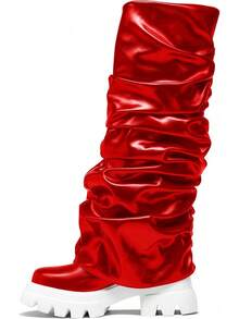 Women's Platform Round Toe Mid Calf Boots With Chunky Heel - Red - View 11