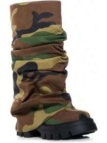 Women's Platform Round Toe Mid Calf Boots With Chunky Heel - Camo-style-blue - View 2